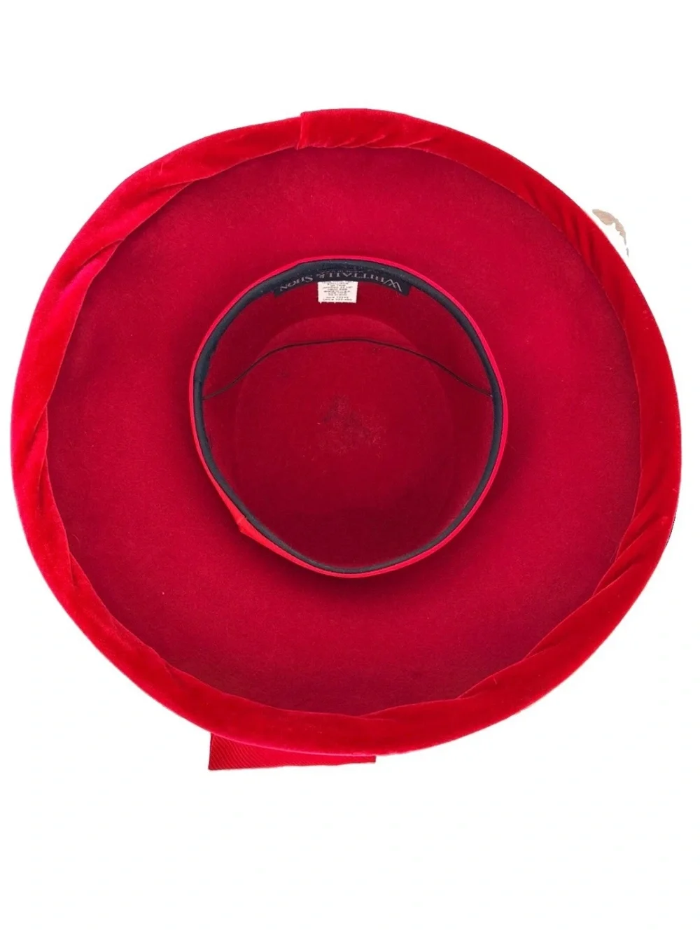 Whittall & Shon Vintage Red Wool Velvet Wide Brim Hat Rhinestone Bow Pillbox